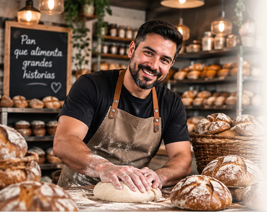 Panadero amasando pan artesanal en su panadería